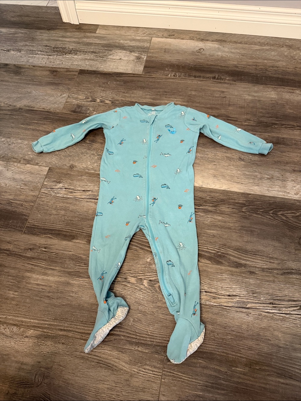 Pekkle Baby/Toddler Light Teal Footed One-Piece Sleeper with Ocean Print